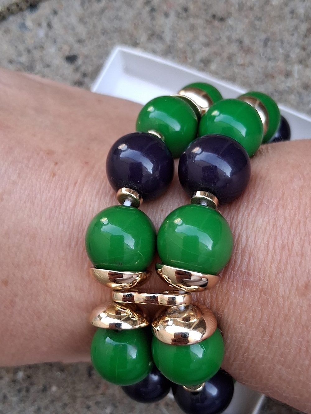 Banana Republic Green and Purple Beaded Stretch Bracelets with Gold Accents